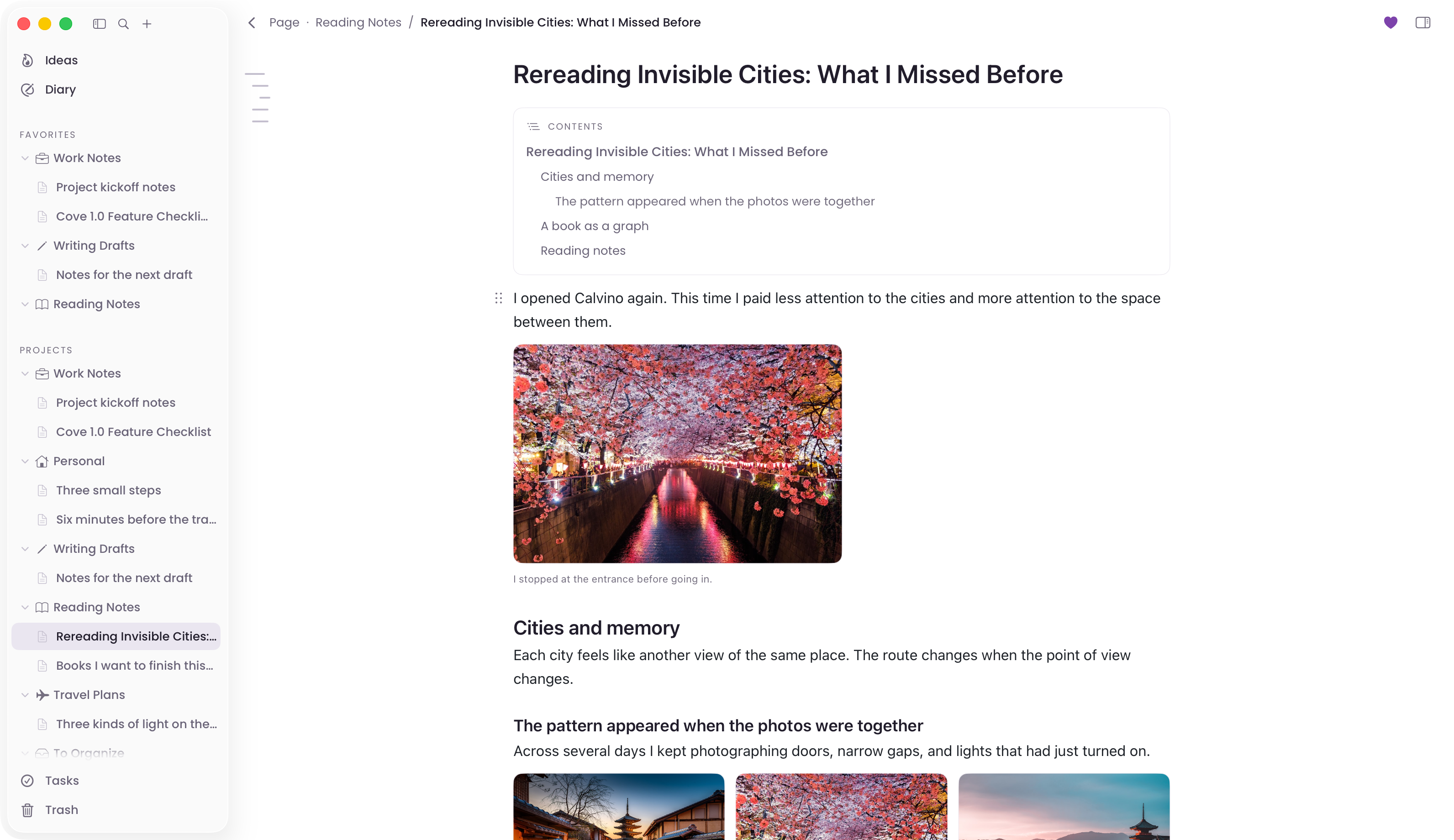 Cove Mac editor with a table of contents, images, and text