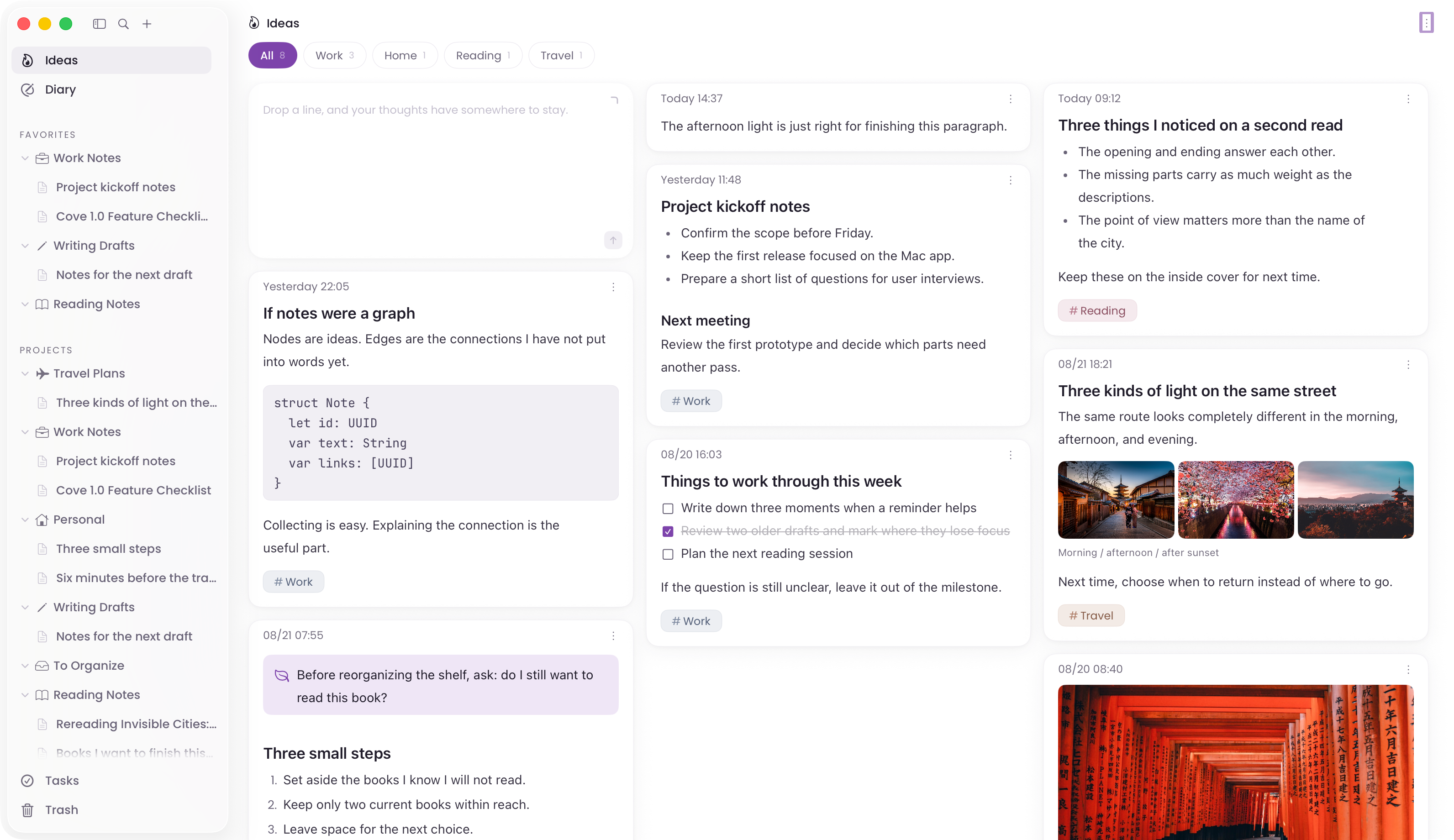 Cove Ideas view showing text, images, and notes